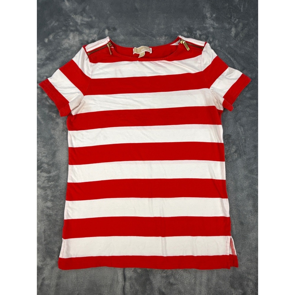 Michael Kors Womens Red White Striped Short Sleeve Zipper Shoulder Top Shirt Med